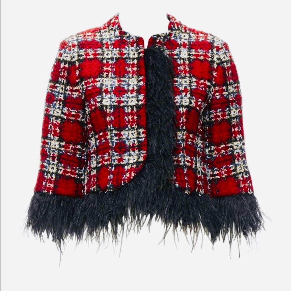 Halpern Tweed Feather Trim Cropped Jacket In Red Elegant Plaid Women's Blazer